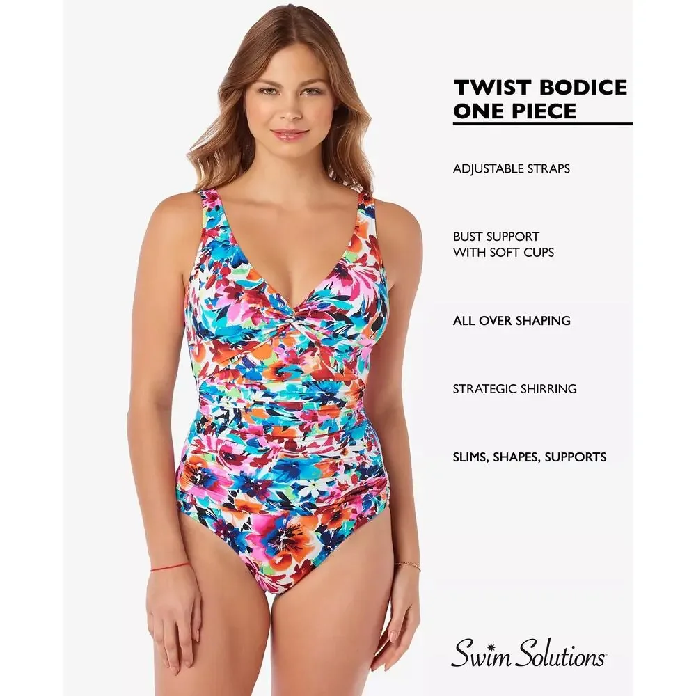 Swim Solutions Twist Bodice Allover‎ Slimming One-Piece Swimsuit Size 12 Floral - Picture 3 of 16